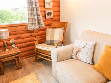 A corner with a wooden rocking chair a side table with a lamp and flowers and a sofa with cushions at Alwinton Lodge in Longframlington