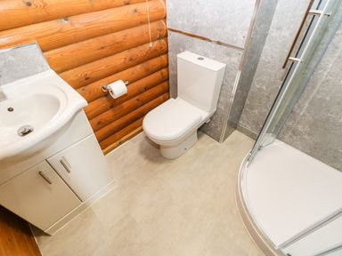 A bathroom with a sink cabinet toilet and shower enclosure with glass doors at Alwinton Lodge in Longframlington