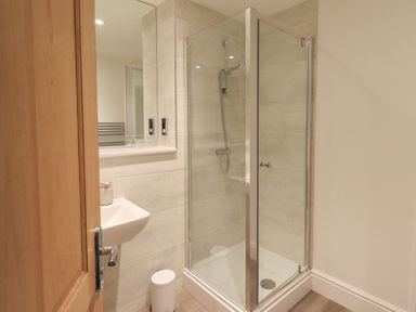 A bathroom with a shower enclosure a small sink and a waste bin at The Alfred Suite Stone Cross Mansion in Ulverston