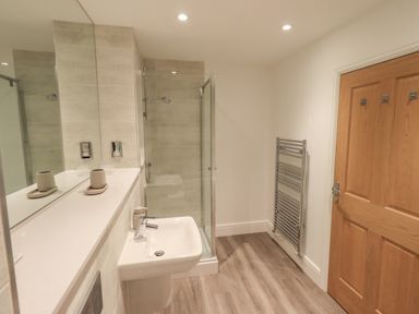 A bathroom with a shower, sink, radiator, and wooden door at The Alfred Suite Stone Cross Mansion Ulverston