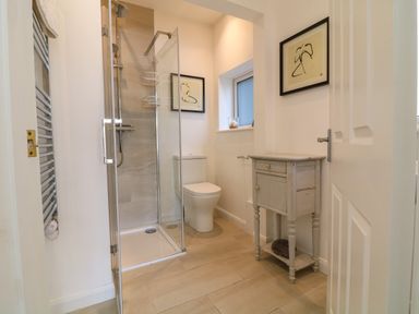 A bathroom with a shower enclosure a toilet a small cabinet and framed artwork at Alpha in St Minver