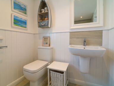 A bathroom with a toilet a wall-mounted sink and a small storage unit next to the toilet at Alpha in St Minver