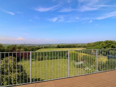 A garden with grass shrubs and flowers beyond a metal railing with fields and trees in the distance at Alpha in St Minver