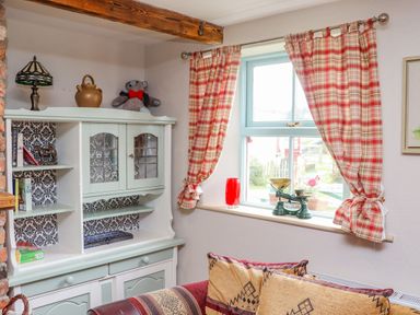 A corner of a room with a cabinet shelf and a window with red check curtains at Cob Cottage in Kilmore County Wexford