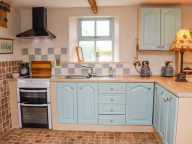 A kitchen with light blue cabinets a stainless steel sink a white oven a black range hood a window above the sink and a lamp on the counter at Cob Cottage Kilmore County Wexford