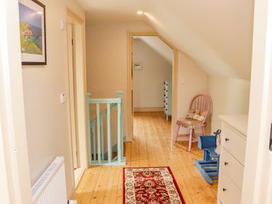 A hallway with light wooden floor a red patterned runner rug and a mint green banister at Cob Cottage in Kilmore County Wexford