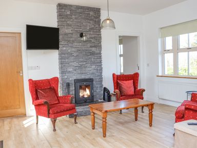A living room with red armchairs wooden coffee table stone fireplace and mounted television at An Teachain in Adamstown County Wexford