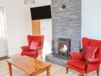 A living room with two red armchairs a wooden coffee table a stone fireplace with fire and a wall-mounted TV at An Teachain in Adamstown County Wexford