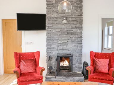 A room with a stone fireplace with a fire burning two red armchairs a wooden door and a wall-mounted television at An Teachain in Adamstown County Wexford