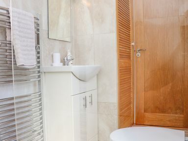 A bathroom with a white sink cabinet mirror towel rail and wooden door at An Teachain in Adamstown County Wexford