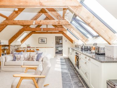 An open plan attic kitchen and living area with exposed wooden beams skylights and light furnishings at The Coach House at Thorn Farm Bridford near Moretonhampstead