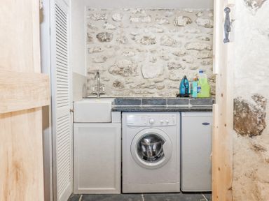A laundry room with a washing machine sink and cleaning supplies on a counter at The Coach House at Thorn Farm Bridford near Moretonhampstead