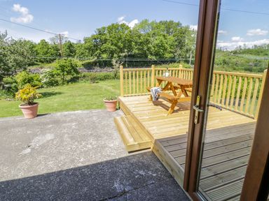 A wooden deck with a picnic table and two potted plants next to a grassy yard at Ceris in Penrhyndeudraeth