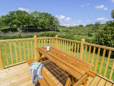 A wooden picnic table with a wine bottle glass blanket and book on a wooden deck overlooking a green garden at Ceris in Penrhyndeudraeth