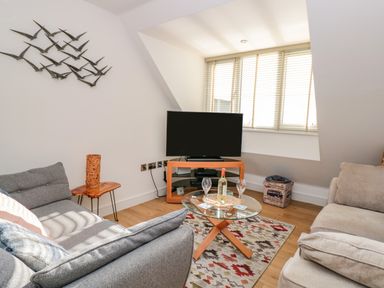A living room with two sofas a glass coffee table with a bottle and glasses and a television at Seaspray in Stoke Fleming Near Dartmouth