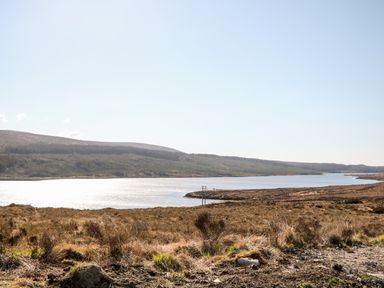 A landscape with a lake in the middle surrounded by grassy and bushy terrain at Wisteria Cottage in Annagry County Donegal