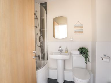 A bathroom with a pedestal sink, toilet, shower with glass door, wall mirror, and plant at 4 Pen Llanw Tides Reach in Rhosneigr
