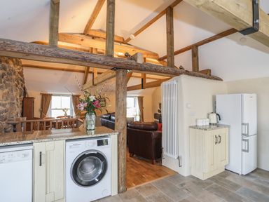 A kitchen area with a washing machine a refrigerator and flowers on the counter at Bryn Moelyn Cottage in Yr Efail near Morfa Nefyn