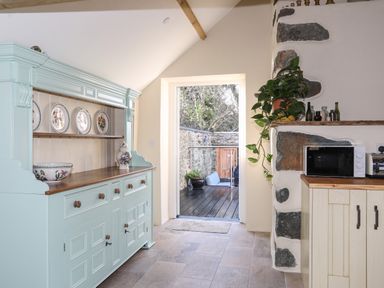 A kitchen area with a light blue wooden cabinet with decorative plates and ceramics an open doorway leading to an outdoor stone patio a microwave on a wooden counter with a plant on a stone and plaster wall at Bryn Moelyn Cottage in Yr Efail near Morfa Nefyn