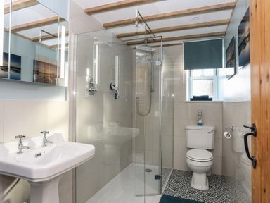 A bathroom with a sink a glass shower enclosure a toilet and a window with a blind at Bryn Moelyn Cottage in Yr Efail near Morfa Nefyn