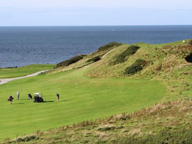 A golf course with players, a golf cart, grassy hills, and an ocean in the background at Bryn Moelyn Cottage in Yr Efail near Morfa Nefyn