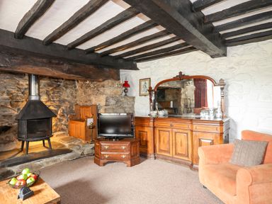 A living room with a wood burning stove and wooden furniture at Gilfachwydd in Islawrdref near Dolgellau