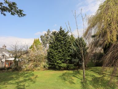 A garden with green grass and various trees next to a stone house at Gilfachwydd Islawrdref near Dolgellau