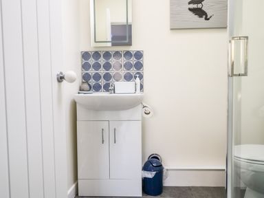A bathroom with a white sink cabinet a mirror a blue patterned tile backsplash a blue trash bin and a shower enclosure at Farriers Retreat in Budleigh Salterton