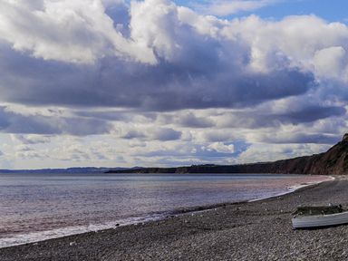 A pebbled beach with a small boat on the shore and cliffs in the background at Farriers Retreat in Budleigh Salterton
