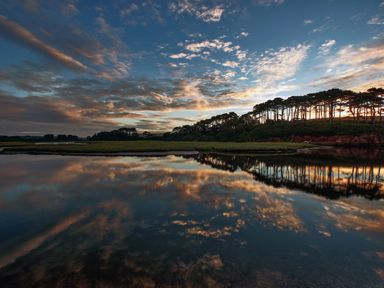 A river with trees on the bank and clouds reflected in the water at Farriers Retreat in Budleigh Salterton