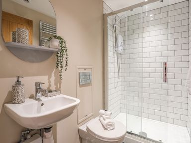 A bathroom with a sink mirror and shelf above it and a tiled shower with glass doors at Cwm Gwyrfai in Caernarfon