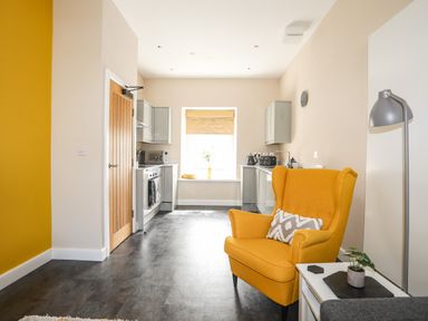 A kitchen with grey cabinets and appliances a wooden door a yellow armchair a floor lamp and a small table with a plant at Moel Tryfan in Caernarfon