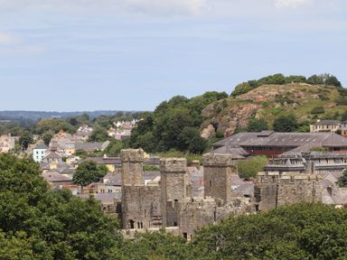 An old stone castle with towers surrounded by trees and buildings in a town with a rocky hill in the background at Moel Tryfan in Caernarfon