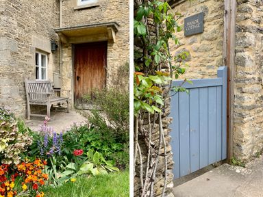 A wooden bench next to a door with flowers and plants in front at Manor Cottage Poulton and a blue wooden gate attached to a stone wall with a sign Manor Cottage at Manor Cottage Poulton
