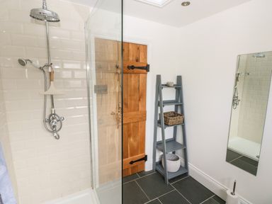 A bathroom with a shower area glass panel wooden door ladder shelf and rectangular mirror at 1 Salt Cottage in Port Eynon