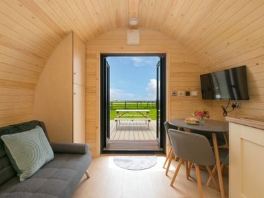 The interior of a wooden pod with a sofa pillow cabinet dining table chairs wall mounted tv and open doors to a deck with a picnic table at Green Fields in St Buryan