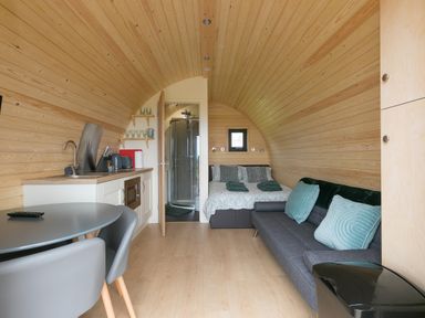 A small wooden living space with a kitchenette dining table sofa and bed at Green Fields in St Buryan