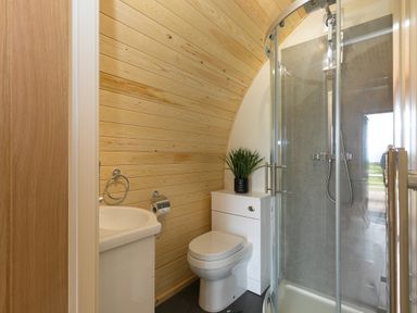 A bathroom with a toilet sink shower and wooden wall panels at Green Fields in St Buryan