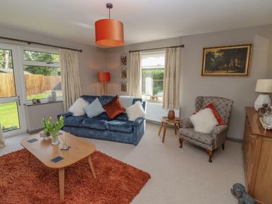 A living room with a blue sofa and orange rug at Robellen Corner in Adderbury