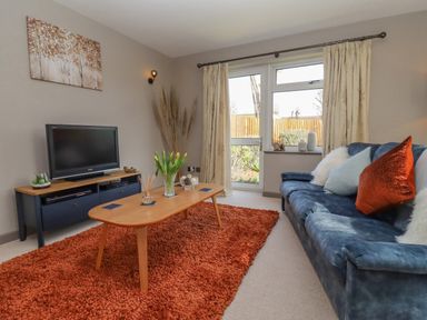 A living room with a blue sofa and orange rug with a wooden coffee table and television at Robellen Corner in Adderbury