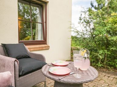 A patio with a wicker chair and round table set with two plates forks and knives and a pitcher and glass of lemonade at Cosy Corner in the Lakes in Greystoke