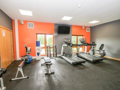 A gym room with treadmills rowing machine exercise bike dumbbells and a bench at Cosy Corner in the Lakes in Greystoke