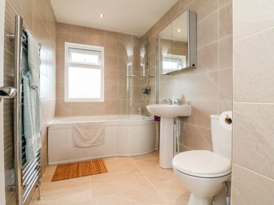 A bathroom with a bathtub shower, sink, toilet, towel rack, mirror cabinet, and window at Ridge's Retreat No 7 Kigbeare Lodges Ashbury Resort near Fowley Cross Sourton Down and Okehampton
