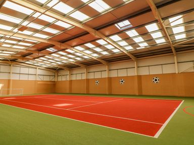 An indoor sports court with a small goalpost and soccer ball decals on the walls at Ridge's Retreat No 7 Kigbeare Lodges Ashbury Resort near Fowley Cross Sourton Down and Okehampton