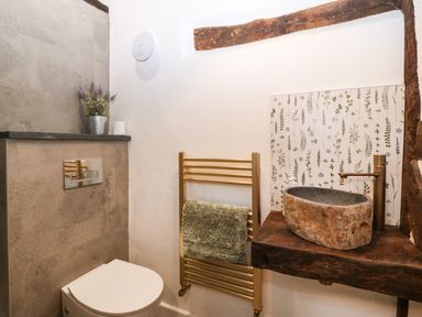 A bathroom with a modern toilet stone sink wooden countertop and towel rail at Plas Glan Yr Afon in Llangernyw