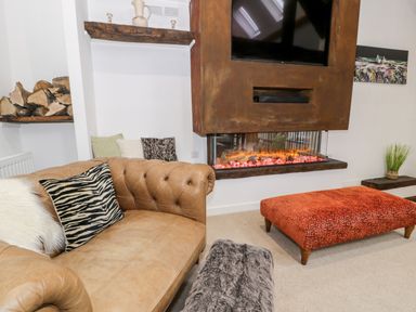 A living room with a leather sofa zebra print cushion and fireplace at Plas Glan Yr Afon in Llangernyw