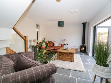A living room with a brown leather sofa a plaid armchair wooden coffee table plants and a wood burning stove at Little Lugg in Cross Keys near Hereford