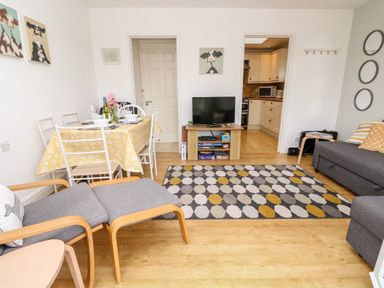 A living room with a dining table and chairs a television on a stand and a patterned rug at Seas The Day in Ventnor