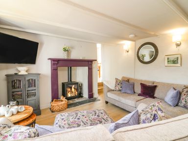 A living room with a lit fireplace a television on the wall sofas with floral and plain cushions and a round mirror on the wall at Hillside in Crafthole