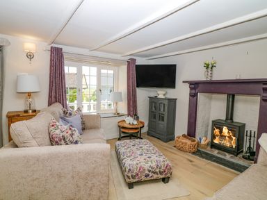 A living room with sofas a floral ottoman a wood burning stove and a wall mounted TV at Hillside in Crafthole